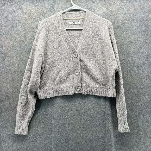 UGG Cardigan Womens XS Beige Button Front Fuzzy Cropped Sweater Polyester Cozy - Picture 1 of 11